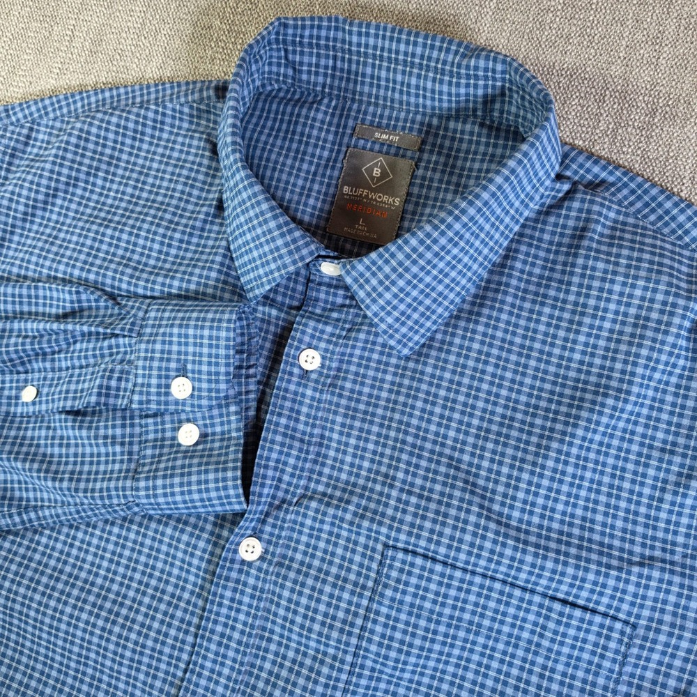 Bluffworks Meridian L/S Shirt Men L Tall Blue Plaid Slim Fit Performance Stretch